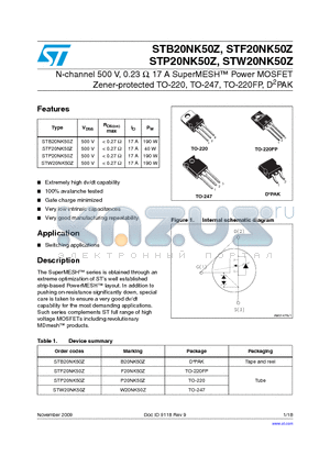 STB20NK50Z datasheet - N-channel 500 V, 0.23 Y, 17 A SuperMESH Power MOSFET Zener-protected TO-220, TO-247, TO-220FP, D2PAK