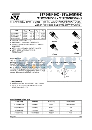 STB20NK50ZT4 datasheet - N-CHANNEL 500V -0.23 OHM - 17A TO-220/D2PAK/I2SPAK/TO-247