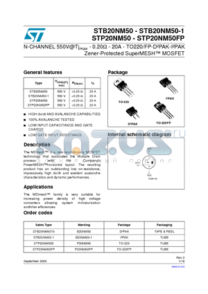 STB20NM50-1 datasheet - N-CHANNEL 500V - 0.20ohm - 20A TO-220/FP/D2PAK/I2PAK MDmesh Power MOSFET