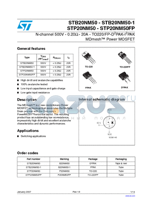 STB20NM50-1 datasheet - N-channel 500V - 0.20Y - 20A - TO220/FP-D2PAK-I2PAK MDmesh Power MOSFET