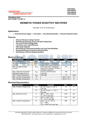 SHD126224 datasheet - HERMETIC POWER SCHOTTKY RECTIFIER