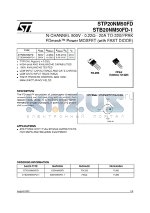 STB20NM50FD-1 datasheet - N-CHANNEL 500V - 0.22ohm - 20A TO-220/I2PAK FDmesh Power MOSFET with FAST DIODE