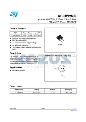 STB20NM60D datasheet - N-channel 600V - 0.26Y - 20A - D2PAK FDmesh Power MOSFET