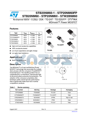 STB20NM60T4 datasheet - N-channel 600V - 0.25Y - 20A - TO-247 - TO-220/FP - D2/I2PAK MDmesh Power MOSFET