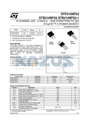 STB210NF02-1 datasheet - N-CHANNEL 20V - 0.0026 ohm - 120A DbPAK/IbPAK/TO-220 STripFET II POWER MOSFET
