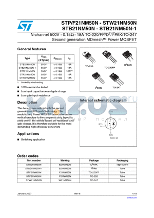 STB21NM50N-1 datasheet - N-channel 500V - 0.15Y - 18A TO-220/FP/D2/I2PAK/TO-247 Second generation MDmesh Power MOSFET