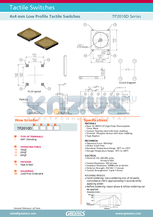 TP2010DJ26TR03 datasheet - 4x4 mm Low Profile Tactile Switches