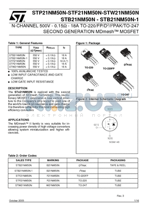 STB21NM50N datasheet - N-CHANNEL 500V - 0.15ohm - 18A TO-220/FP/D2/I2PAK/TO-247 SECOND GENERATION MDmesh MOSFET