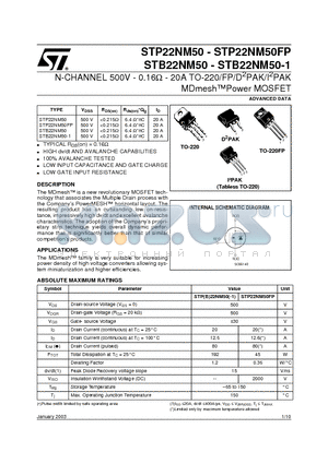 STB22NM50 datasheet - N-CHANNEL 500V - 0.16ohm - 20A TO-220/FP/D2PAK/I2PAK MDmeshPower MOSFET