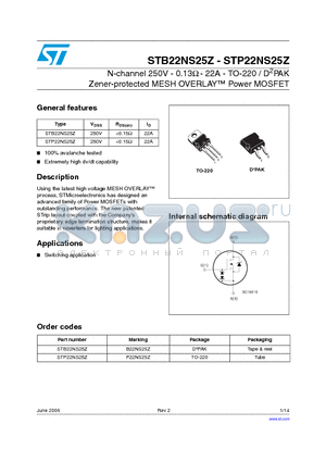 STB22NS25Z datasheet - N-channel 250V - 0.13Y - 22A - TO-220 / D2PAK Zener-protected MESH OVERLAY Power MOSFET