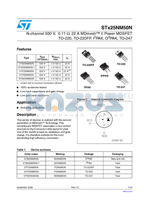STB25NM50N datasheet - N-channel 500 V, 0.11 Y, 22 A MDmesh II Power MOSFET TO-220, TO-220FP, I2PAK, D2PAK, TO-247