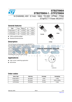 STB270N04 datasheet - N-CHANNEL 40V - 2.1m-ohm - 160A - TO-220 - D-2PAK - I-2PAK STripFET-TM Power MOSFET