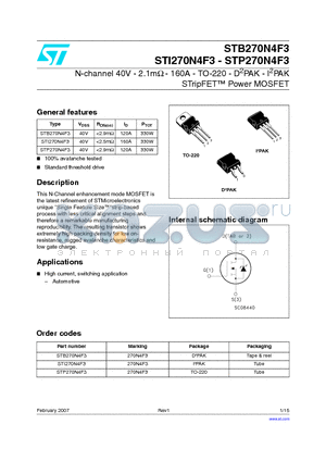 STB270N4F3 datasheet - N-channel 40V - 2.1m ohm - 160A - TO-220 - D2PAK - I2PAK STripFE TM Power MOSFET