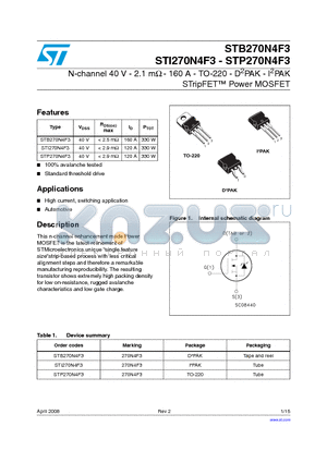 STB270N4F3 datasheet - N-channel 40 V - 2.1 mY - 160 A - TO-220 - D2PAK - I2PAK STripFET Power MOSFET