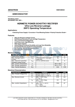SHD126534 datasheet - HERMETIC POWER SCHOTTKY RECTIFIER Ultra Low Reverse Leakage 200`C Operating Temperature