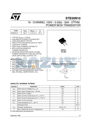 STB30N10 datasheet - N - CHANNEL 100V - 0.06ohm - 30A - D2PAK POWER MOS TRANSISTOR