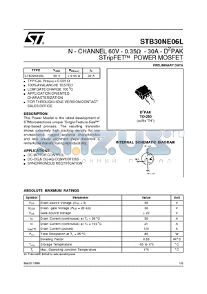 STB30NE06L datasheet - N - CHANNEL 60V - 0.35ohm  - 30A - D2PAK STripFET] POWER MOSFET