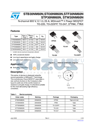 STB30NM60N datasheet - N-channel 600 V, 0.1 Y, 25 A, MDmesh II Power MOSFET TO-220, TO-220FP, TO-247, D2PAK, I2PAK