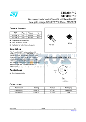 STB35NF10 datasheet - N-channel 100V - 0.030Y - 40A - D2PAK/TO-220 Low gate charge STripFET II Power MOSFET