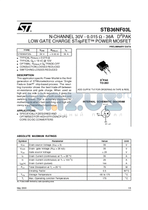 STB36NF03L datasheet - N-CHANNEL 30V - 0.015 ohm - 36A D2PAK LOW GATE CHARGE STripFET POWER MOSFET