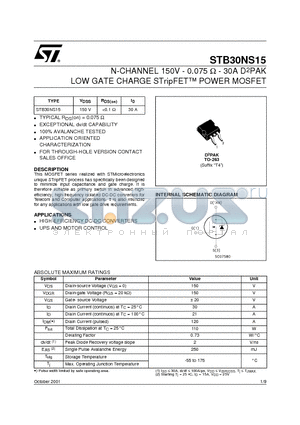 STB30NS15 datasheet - N-CHANNEL 150V - 0.075 ohm - 30A D2PAK LOW GATE CHARGE STripFET POWER MOSFET