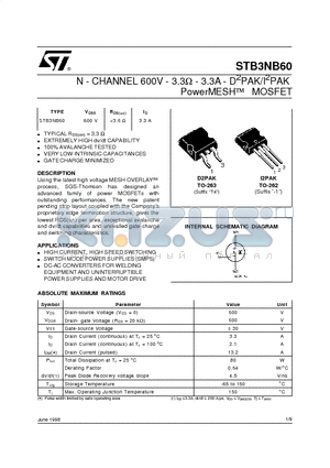 STB3NB60 datasheet - N - CHANNEL 600V - 3.3ohm - 3.3A - D2PAK/I2PAK PowerMESH MOSFET