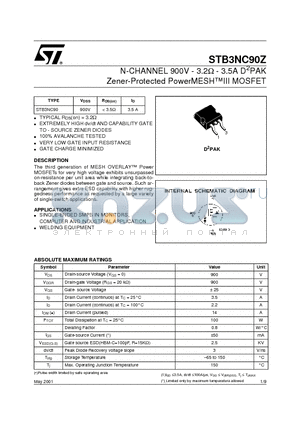 STB3NC90 datasheet - N-CHANNEL 900V - 3.2W - 3.5A D2PAK Zener-Protected PowerMESHIII MOSFET