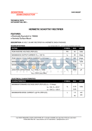 SHD139222P datasheet - HERMETIC SCHOTTKY RECTIFIER