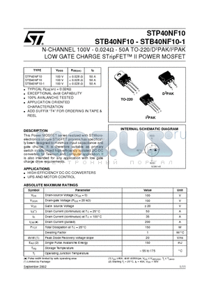 STB40NF10 datasheet - N-CHANNEL 100V - 0.024ohm - 50A TO-220/D2PAK/I2PAK LOW GATE CHARGE STripFET II POWER MOSFET