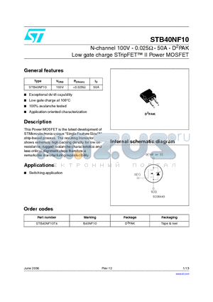 STB40NF10 datasheet - N-channel 100V - 0.025Y - 50A - D2PAK Low gate charge STripFET II Power MOSFET