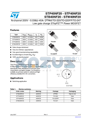 STB40NF20 datasheet - N-channel 200V - 0.038Y -40A- D2PAK/TO-220/TO-220FP/TO-247 Low gate charge STripFET Power MOSFET
