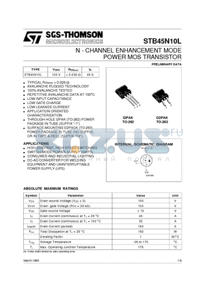 STB45N10L datasheet - N - CHANNEL ENHANCEMENT MODE POWER MOS TRANSISTOR