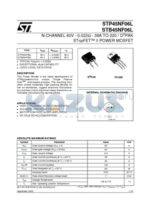 STB45NF06L datasheet - N-CHANNEL 60V - 0.022ohm - 38A TO-220 / D2PAK STripFET II POWER MOSFET
