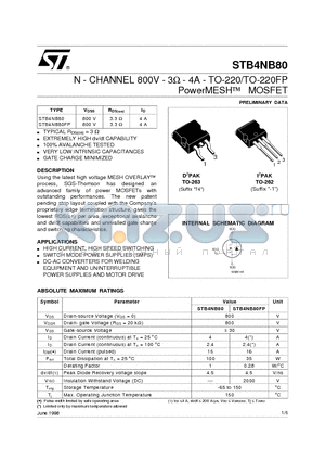 STB4NB80FP datasheet - N - CHANNEL 800V - 3ohm - 4A - TO-220/TO-220FP PowerMESHO MOSFET