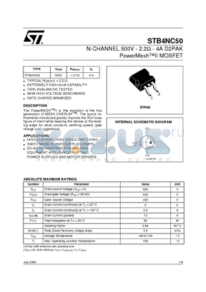 STB4NC50 datasheet - N-CHANNEL 500V - 2.2ohm - 4A D2PAK PowerMeshII MOSFET