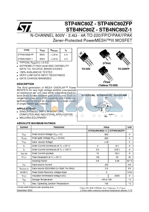 STB4NC80Z-1 datasheet - N-CHANNEL 800V - 2.4ohm - 4A TO-220/FP/D2PAK/I2PAK Zener-Protected PowerMESHIII MOSFET