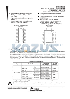 SN74LVT245B datasheet - 3.3-V ABT OCTAL BUS TRANSCEIVER WITH 3-STATE OUTPUTS