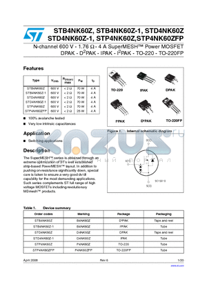 STB4NK60Z datasheet - N-channel 600 V - 1.76 Y - 4 A SuperMESH Power MOSFET DPAK - D2PAK - IPAK - I2PAK - TO-220 - TO-220FP