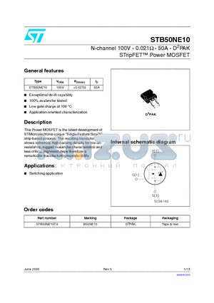 STB50NE10T4 datasheet - N-channel 100V - 0.021Y - 50A - D2PAK STripFET Power MOSFET