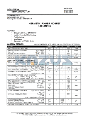 SHD218501B datasheet - HERMETIC POWER MOSFET N-CHANNEL