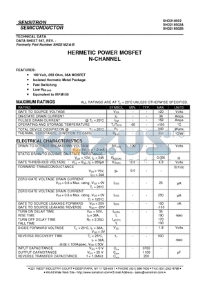 SHD218502 datasheet - HERMETIC POWER MOSFET N-CHANNEL