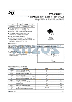 STB50NH02L datasheet - N-CHANNEL 24V - 0.011ohm - 50A DbPAK STripFET III POWER MOSFET