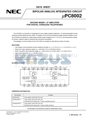 UPC8002GR-E1 datasheet - SECOND MIXER  IF AMPLIFIER FOR DIGITAL CORDLESS TELEPHONES