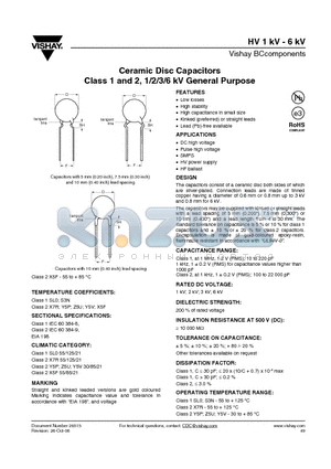 S102K29X5FN6.J5R datasheet - Ceramic Disc Capacitors Class 1 and 2, 1/2/3/6 kV General Purpose