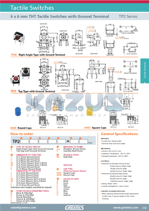 TP2R3ESBK datasheet - 6 x 6 mm THT Tactile Switches with Ground Terminal