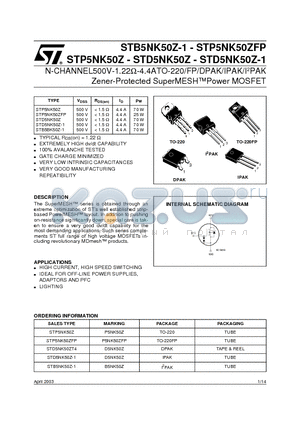 STB5BK50Z-1 datasheet - N-CHANNEL500V-1.22ohm-4.4ATO-220/FP/DPAK/IPAK/I2PAK Zener-Protected SuperMESHPower MOSFET