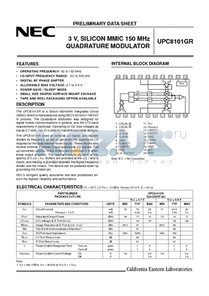 UPC8101GR datasheet - 3 V, SILICON MMIC 150 MHz QUADRATURE MODULATOR