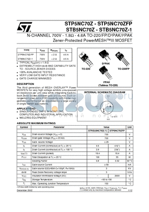 STB5NC70Z datasheet - N-CHANNEL 700V - 1.8ohm - 4.6A TO-220/FP/DbPAK/IbPAK Zener-Protected PowerMESHIII MOSFET