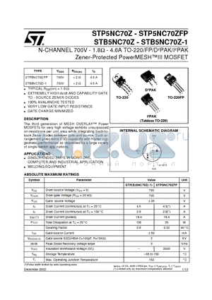 STB5NC70Z-1 datasheet - N-CHANNEL 700V - 1.8ohm - 4.6A TO-220/FP/DbPAK/IbPAK Zener-Protected PowerMESHIII MOSFET