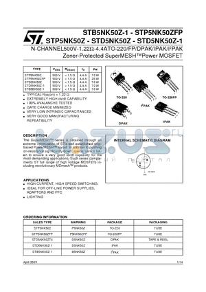 STB5NK50Z datasheet - N-CHANNEL500V-1.22ohm-4.4ATO-220/FP/DPAK/IPAK/I2PAK Zener-Protected SuperMESHPower MOSFET